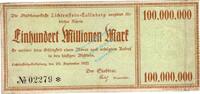 Inflation 1923 DE 100 Mio. Mk. Lichtenstein , Banknote 100 Millionen Mark Schein gbr. Keller 3250.e , Sachsen -