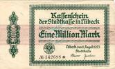 Inflation 1923 DE 1 Mio. Mk. Lübeck , Banknote 1 Million Mark Schein gbr. Keller 3335.c , Schleswig Holstein -