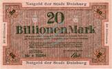 Inflation 1923 DE 20 Bio. Mk. Duisburg , Banknote 20 Billionen Mark Schein unc-kfr. Keller 1179.r , Rheinland -