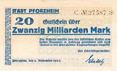 20 Mia. Mk. 1923 Inflation 1923 DE Pforzheim , Banknote 20 Milliarden Mark Schein gbr. Keller 4292.o , Baden 1923 zirkuliert , 2 kl. Stiche