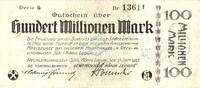 Inflation 1923 DE 100 Mio. Mk. Recklinghausen , Banknote 100 Millionen Mark Schein gbr. Keller 4465.i , Westfal -