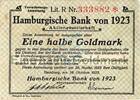 Wertbeständig 1923/24 DE 1/2 Gold Mk. Hamburg , Banknote 1 halbe Goldmark Schein gbr. Müller 2365.1 , Hamburg 1923 Wer -