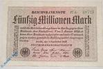 Banknoten Reichsbanknote über 50 Millionen Mark , Rosenberg 108 A , Kennummer 5-stellig , fast kfr. Banknote vom 01.09.1923 -