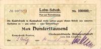Inflation 1923 DE 100.000 Mk. Remscheid , Banknote 100.000 Mark Scheck gbr. Keller 4535... Rheinland 1923 Infl -