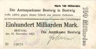 Inflation 1923 DE 100 Mia. Mk. Bestwig , Banknote 100 Milliarden Mark Schein gbr.E Keller 386.d Westfalen 1923 -