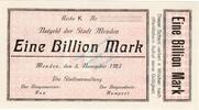 Inflation 1923 DE 1 Bio. Mk. -MUSTER- Menden , Banknote 1 Billion Mark --MUSTER-- unc-kfr. Keller 3516. Westfalen 1923 -