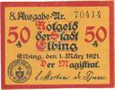 Kleingeld 1914-1922 50 Pf. Elbing , Notgeld 50 Pfennig Schein unc-kfr. Ti.1650.05.30 , Westpreussen 1921 Ve -