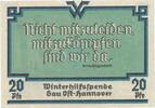 Winterhilfsspende 20 Pf. Winterhilfsspende , 20 Pfennig Schein unc-kfr. Gau Ost Hannover , Niedersachsen -