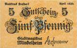 Kleingeld 1914-1922 DE 5 Pf. Mindelheim , Notgeld 5 Pfennig Schein unc-kfr. Ti.4570.05.20 , Bay 1920 Verkehrs -