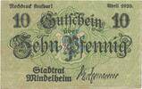 Kleingeld 1914-1922 DE 10 Pf. Mindelheim , Notgeld 10 Pfennig Schein unc-kfr. Ti.4570.05.26 , Bay 1920 Verkehr -