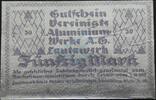 Inflation 1922/23 DE 50 Mk. -Alu- Lautawerk , Banknote 50 Mark -Alu- unc-kfr. Mü.2590.2 BBG 1922 Großnotgeld -3637 -