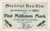 Inflation 1923 DE 5 Mio. Mk. 1923 Neu Ulm , Banknote 5 Millionen Mark -o... 467.35 元  ＋  运费