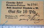 Notgeld Notgeld Griesheim Elektron , 10 Pfennig Schein , Tieste 2460.05.02.1 , von 1917 , Hessen Verkehrsausgabe -