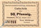 Notgeld Notgeld Aidenbach , 50 Pfennig Schein , Tieste 0025.05.36 , 1917 , Bayern Verkehrsausgabe -