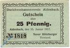 Notgeld Notgeld Aidenbach , 25 Pfennig Schein , Tieste 0025.05.25 , 1917 , Bayern Verkehrsausgabe -