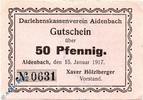 Notgeld Notgeld Aidenbach , 50 Pfennig Schein , Tieste 0025.05.51 , 1917 , Bayern Verkehrsausgabe -