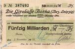 Inflation 1923 DE 50 Mia. Mk. Scheck der Girokasse Borna , 50 Milliarden Mark in l-gbr. Müller 536.h -