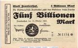 Inflation 1923 DE 5 Billionen Mark WOW Banknote Frankenthal , 5 Billionen Mark Schein in f-kfr. Keller 1520.L -