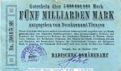 Großnotgeld Deutschland 5 Milliarden Mark Banknote Tiengen , Domänenamt , 5 Milliarden Mark Schein in gbr. Keller 5171.c -