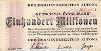 Inflation De. 100 Mio. Mk Banknote Altona , Reichsbahn , 100 Millionen Mark Schein in gbr. Keller 80.i -
