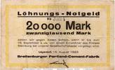 Großnotgeld Inflation 20.000 Mark Banknote Lägerdorf , Breitenburger , 20.000 Mark Schein in gbr. Keller 2865 -