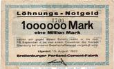 Großnotgeld Inflation 1 Million Mark Banknote Lägerdorf , Breitenburger , 1 Million Mark Schein in gbr. Keller 2865 -