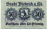 Notgeld Deutschland 50 Pfennig entwertet ? Notgeld der Stadt Bieberich 0605.05.01.E , 50 Pfennig Schein in kfr. -