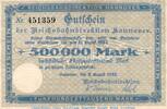 Inflation DE 500.000 Mk. Banknote Reichsbahn Hannover , 500.000 Mark Schein gbr. Keller 2165.c 1923 -