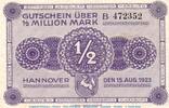 Inflation DE 1/2 Mio. - B - Banknote Ver. Handelskammer Hannover , 1/2 Million Mark Schein -B- in gbr. -