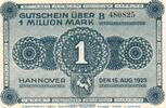Inflation DE 1 Mio. Banknote Ver. Handelskammer Hannover , 1 Million Mark Schein -B- in gbr. -