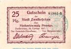 Kleingeld 1914-1922 DE 25 Pf. Notgeld der Stadt Zweibrücken 8295.10.01 , 25 Pfennig Schein in kfr. von 1917 -