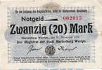 Großnotgeld Deutschland 20 Mark , 2 Stempel Banknote Stadt Marienburg , 20 Mark in gbr. 2 Stempel Geiger 347.03.a-d 1918 -