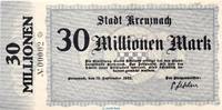 Großnotgeld Inflation 30 Millionen , KN 00002 Banknote Stadt Kreuznach , 30 Millionen KN.00002 in kfr. Keller 2812.h 1923 -
