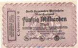 Inflation 1923 DE 50 Mia. Mk. Banknote Kreise Kreuznach & Meisenheim, 50 Milliarden Mark Schein in kfr. 2814.b -