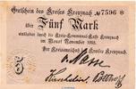 Großnotgeld Deutschland 5 Mark Schein , Prägestempel Notgeld Stadt Kreuznach , 5 Mark Schein mit Stempel in f-kfr. Geiger 294.1.a o.D -