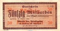 Inflation 1923 DE 50 Mia. Mk. Banknote Verein der Arbeitgeber Harburg, 50 Milliarden Mark in gbr. Keller 2213. -