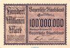 Großnotgeld Inflation 100 Millionen Mark Banknote Bay. Staatsbank München , 100 Millionen Mark Schein in kfr. Keller 3657 -