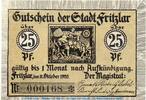 Notgeld DE 25 Pf. Notgeld Stadt Fritzlar 2050.05.01 , 25 Pfennig Schein in kfr. von 1920 , Hessen -