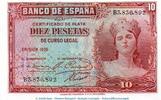 Banknote Spanien 10 Pesetas Silver Certificate 1935 Banknote Spanien , 10 Pesetas Silver Certificate in kfr. P.86 , von 1935 , Banco -