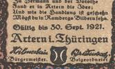 Serienscheine DE 50 Pf. -30.09.1921- Notgeld Stadt Artern 46.2 , 50 Pfennig Schein Nr.2 --bis 30.09.1921-- in kfr. -