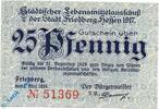 Notgeld De. 25 Pf. Notgeld Friedberg , 25 Pfennig Schein , Donner , Tieste 1995.10.10 , von 1918 , Hessen Verkehrsausgabe -
