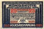 Notgeld DE 25 Pf. Notgeld Königshütte , 25 Pfennig Schein , Mehl Grabowski 726.1 a , von 1921 , Oberschlesien Seriennotgeld -