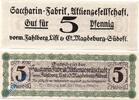 Kleingeld 1914-1922 5 Pf. Notgeld Magdeburg , Saccarin Fabrik , 5 Pfennig Schein , Tieste 4340.05.10 , Sachsen Verkehrsausgabe -