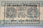 Notgeld De. 10 Pf. Notgeld Neuteich , 10 Pfennig Schein , Tieste 5010.05.15 , von 1919 , Westpreussen Verkehrsausgabe -
