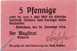 Notgeld DE 5 Pf. Züllichau , Notgeld 5 Pfennig Schein in kfr. Tieste 8280.10.01 Brandenburg 1916 -