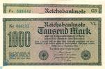 Banknoten Deutschland 1.000 Mark Schein Reichsbanknote , 1.000 Mark Gitter mit 8 , Kn blaugrün , DEU-84.h, Ros.75, P.76 -