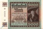 Weimarer Republik 5.000 Mk. Reichsbanknote , 5.000 Schein in kfr. Hakensterne , DEU-91.f , Ros.80 , P.81 -