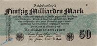 Inflation DE 50 Mia. Mk. Reichsbanknote , 50 Milliarden Mark Schein in f-kfr. DEU-148 a , Rosenberg 122 , P 125 , vom 26.10.1923 , Nachkriegszeit und Inf -