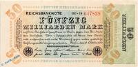 Inflation DE 50 Mia. Mk. Reichsbanknote , 50 Milliarden Mark Schein in kfr. DEU-142 d , Rosenberg 117 , P 120 , vom 10.10.1923 , Nachkriegszeit und Infla -