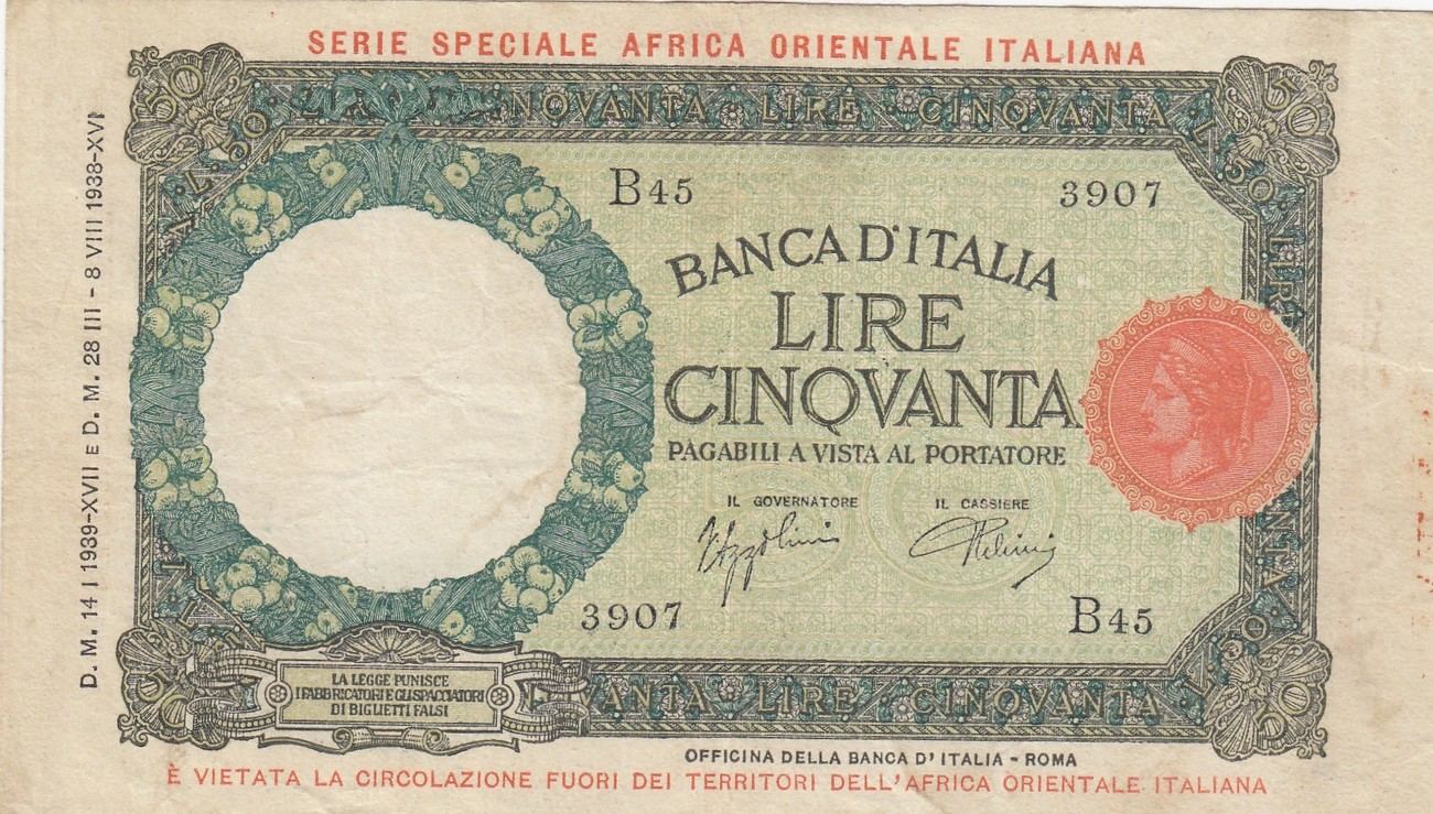 Italian East Africa 1939 50 Lire Vf Ma Shops